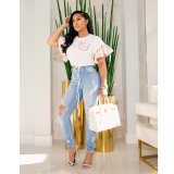 Casual Round Neck Beaded Rhinestone Bell Sleeve Shirt