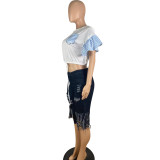 Casual Round Neck Beaded Rhinestone Bell Sleeve Shirt