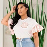 Casual Round Neck Beaded Rhinestone Bell Sleeve Shirt