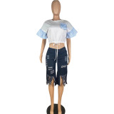Casual Round Neck Beaded Rhinestone Bell Sleeve Shirt