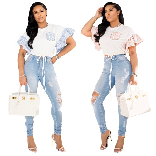 Casual Round Neck Beaded Rhinestone Bell Sleeve Shirt