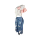 Casual Round Neck Beaded Rhinestone Bell Sleeve Shirt