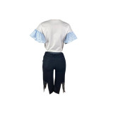 Casual Round Neck Beaded Rhinestone Bell Sleeve Shirt