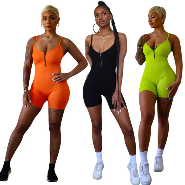 Summer Solid Color Sling Zipper Sleeveless One Piece Rompers