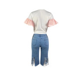 Casual Round Neck Beaded Rhinestone Bell Sleeve Shirt