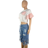 Casual Round Neck Beaded Rhinestone Bell Sleeve Shirt
