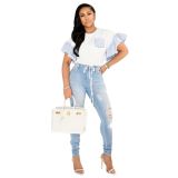 Casual Round Neck Beaded Rhinestone Bell Sleeve Shirt