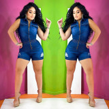 Casual Zipper Sleeveless Denim Short Rompers