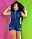 Casual Zipper Sleeveless Denim Short Rompers