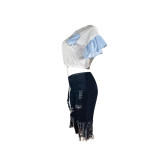 Casual Round Neck Beaded Rhinestone Bell Sleeve Shirt