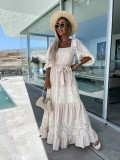 Fashion Lace Patchwork Square Neck Tie-Up Dress
