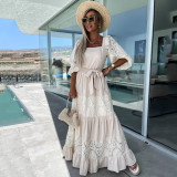 Fashion Lace Patchwork Square Neck Tie-Up Dress