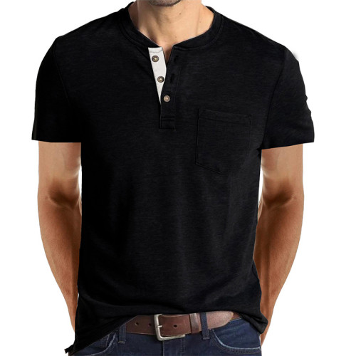 Men's Casual Henley Shirts Short Sleeve Fashion Classic Slim Fit Shirt Button Cotton Basic T-Shirt with Pocket