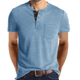 Men's Casual Henley Shirts Short Sleeve Fashion Classic Slim Fit Shirt Button Cotton Basic T-Shirt with Pocket