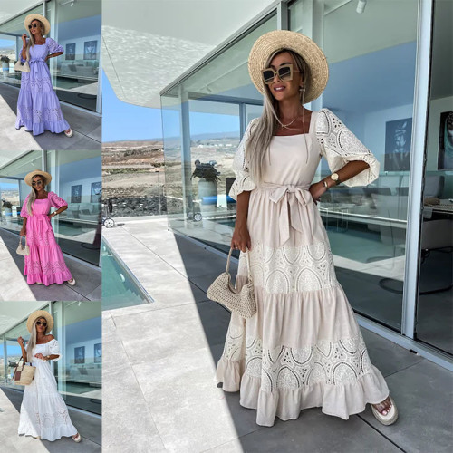 Fashion Lace Patchwork Square Neck Tie-Up Dress
