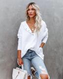 V-neck Hooded Bat Sleeve Sweater Loose Threaded Patchwork Top