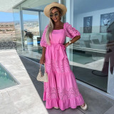 Fashion Lace Patchwork Square Neck Tie-Up Dress