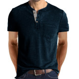 Men's Casual Henley Shirts Short Sleeve Fashion Classic Slim Fit Shirt Button Cotton Basic T-Shirt with Pocket