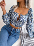 Women Sexy Ruffle Edge Lace-Up Floral Chiffon Crop Top