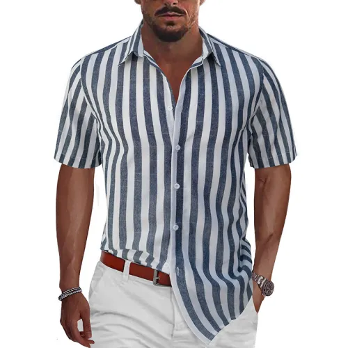 Men's Stripe Linen & Cotton Short Sleeve Shirt
