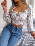 Women Sexy Ruffle Edge Lace-Up Floral Chiffon Crop Top