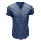 Men's Casual Cotton Linen Short Sleeve Henley Shirt Summer Lightweight Beach T-Shirts