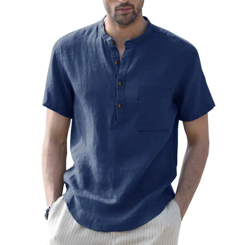 Men's Casual Cotton Linen Short Sleeve Henley Shirt Summer Lightweight Beach T-Shirts