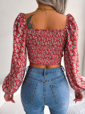 Women Sexy Ruffle Edge Lace-Up Floral Chiffon Crop Top