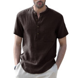 Men's Casual Cotton Linen Short Sleeve Henley Shirt Summer Lightweight Beach T-Shirts