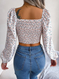 Women Sexy Ruffle Edge Lace-Up Floral Chiffon Crop Top