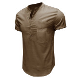 Men's Casual Cotton Linen Short Sleeve Henley Shirt Summer Lightweight Beach T-Shirts