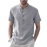 Men's Casual Cotton Linen Short Sleeve Henley Shirt Summer Lightweight Beach T-Shirts