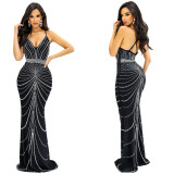 Strappy Sleeveless Backless Maxi Dress with Dazzling Rhinestone Embellishments
