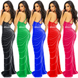 Strappy Sleeveless Backless Maxi Dress with Dazzling Rhinestone Embellishments