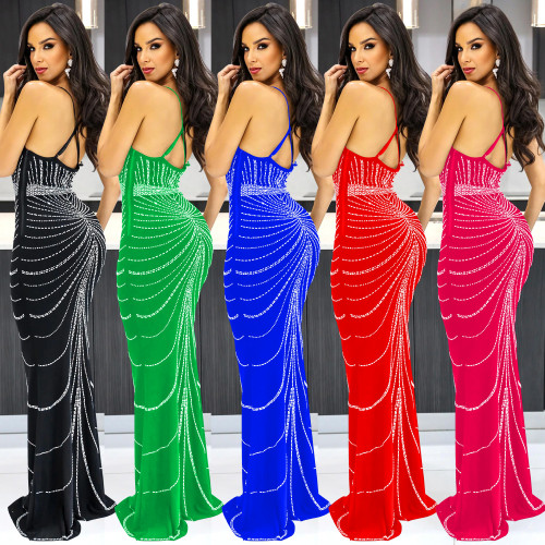Strappy Sleeveless Backless Maxi Dress with Dazzling Rhinestone Embellishments