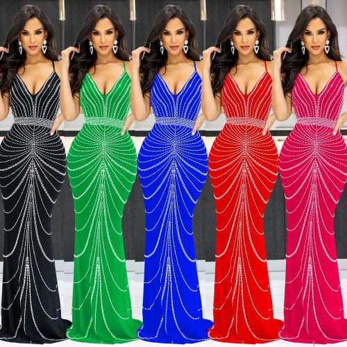 Strappy Sleeveless Backless Maxi Dress with Dazzling Rhinestone Embellishments