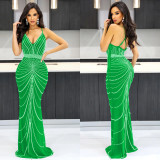 Strappy Sleeveless Backless Maxi Dress with Dazzling Rhinestone Embellishments