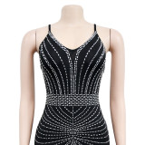 Strappy Sleeveless Backless Maxi Dress with Dazzling Rhinestone Embellishments