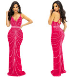 Strappy Sleeveless Backless Maxi Dress with Dazzling Rhinestone Embellishments
