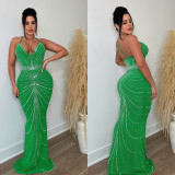 Strappy Sleeveless Backless Maxi Dress with Dazzling Rhinestone Embellishments
