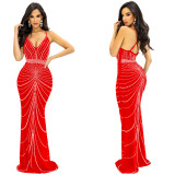 Strappy Sleeveless Backless Maxi Dress with Dazzling Rhinestone Embellishments