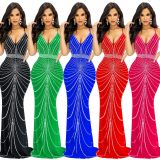 Strappy Sleeveless Backless Maxi Dress with Dazzling Rhinestone Embellishments