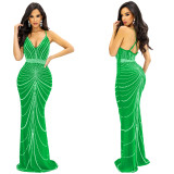Strappy Sleeveless Backless Maxi Dress with Dazzling Rhinestone Embellishments