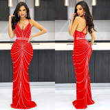 Strappy Sleeveless Backless Maxi Dress with Dazzling Rhinestone Embellishments