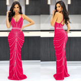 Strappy Sleeveless Backless Maxi Dress with Dazzling Rhinestone Embellishments