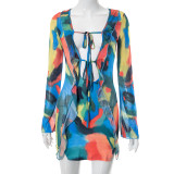 Long Sleeve Tie-up Detail Printed Bodycon Dress