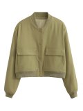 Women Casual Button Up Solid Color Varsity Jacket with Two Big Pockets