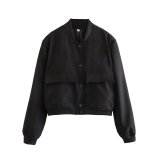 Women Casual Button Up Solid Color Varsity Jacket with Two Big Pockets