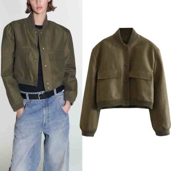 Women Casual Button Up Solid Color Varsity Jacket with Two Big Pockets