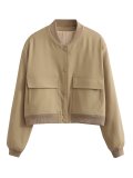 Women Casual Button Up Solid Color Varsity Jacket with Two Big Pockets